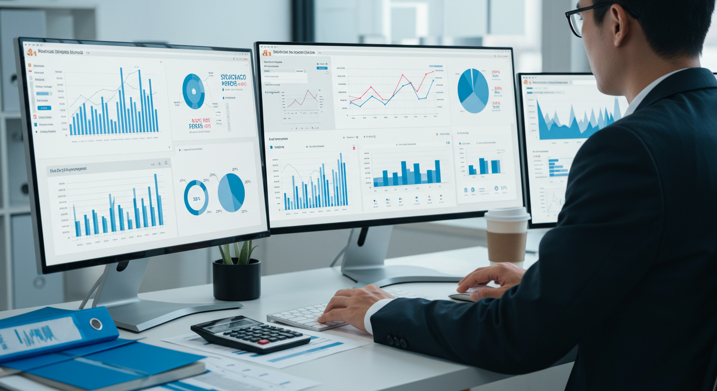 Business manager using virtual assistant performance evaluation dashboard with 4-pillar scoring system and KPI metrics for comprehensive VA assessment