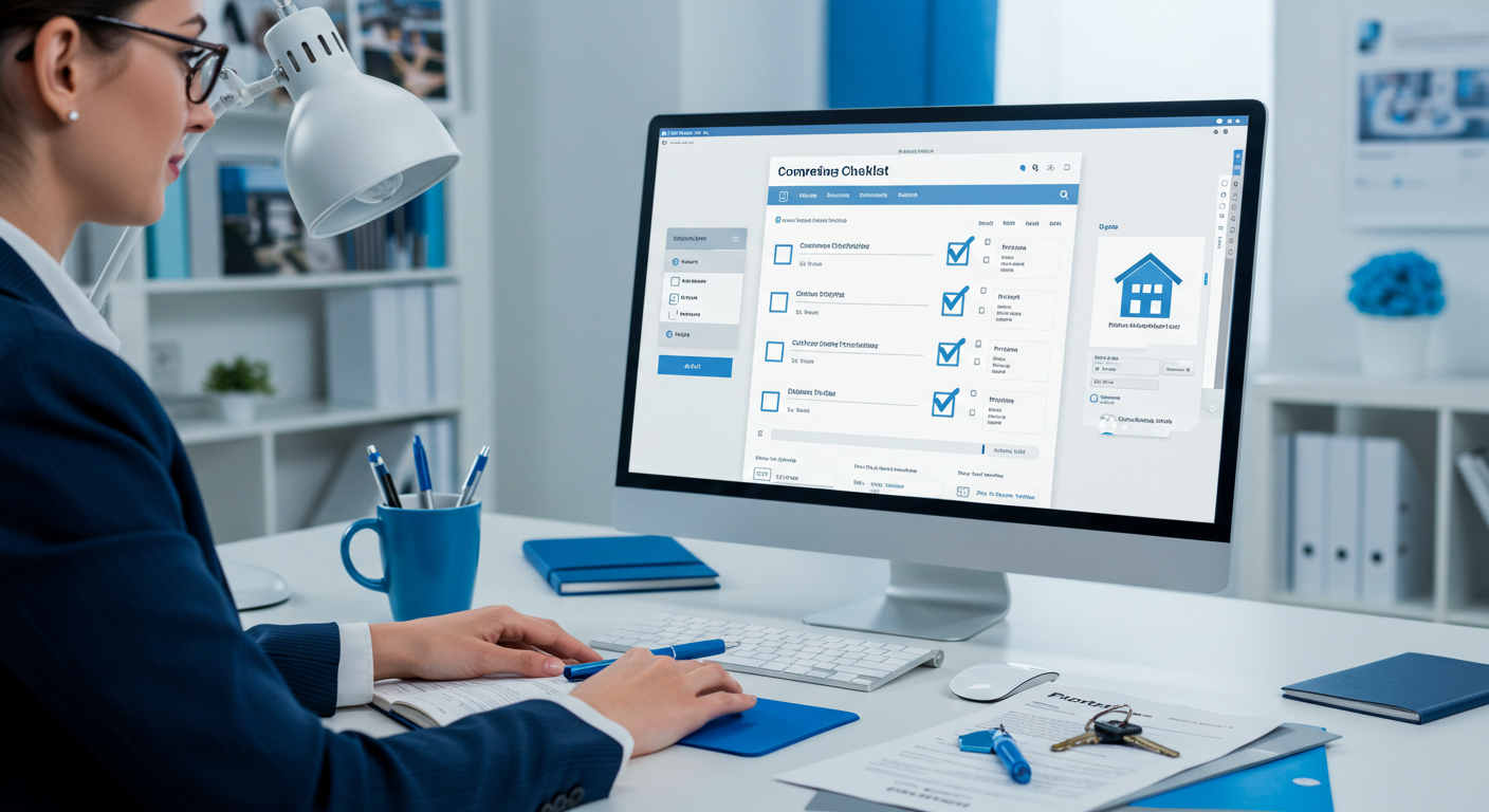 Professional real estate agent conducting virtual assistant onboarding session with comprehensive checklist and training materials